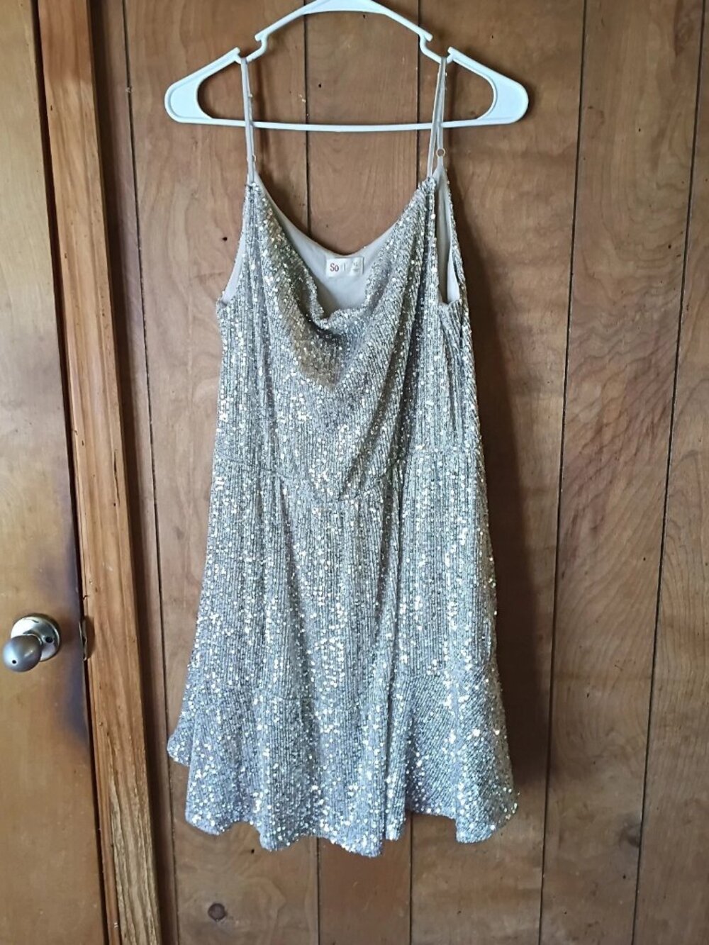 SO Silver Sequin Mini Dress XL Sparkly Cowl Neck Pullover Party Adjustable Strap